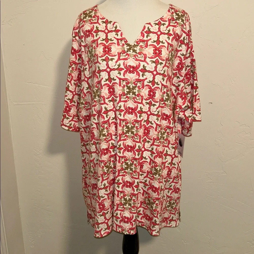 Croft & Barrow 3X Cotton Ornate Print Classic Split neck Short Sleeve Tee